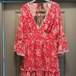 Red and Cream Floral Boho Dress